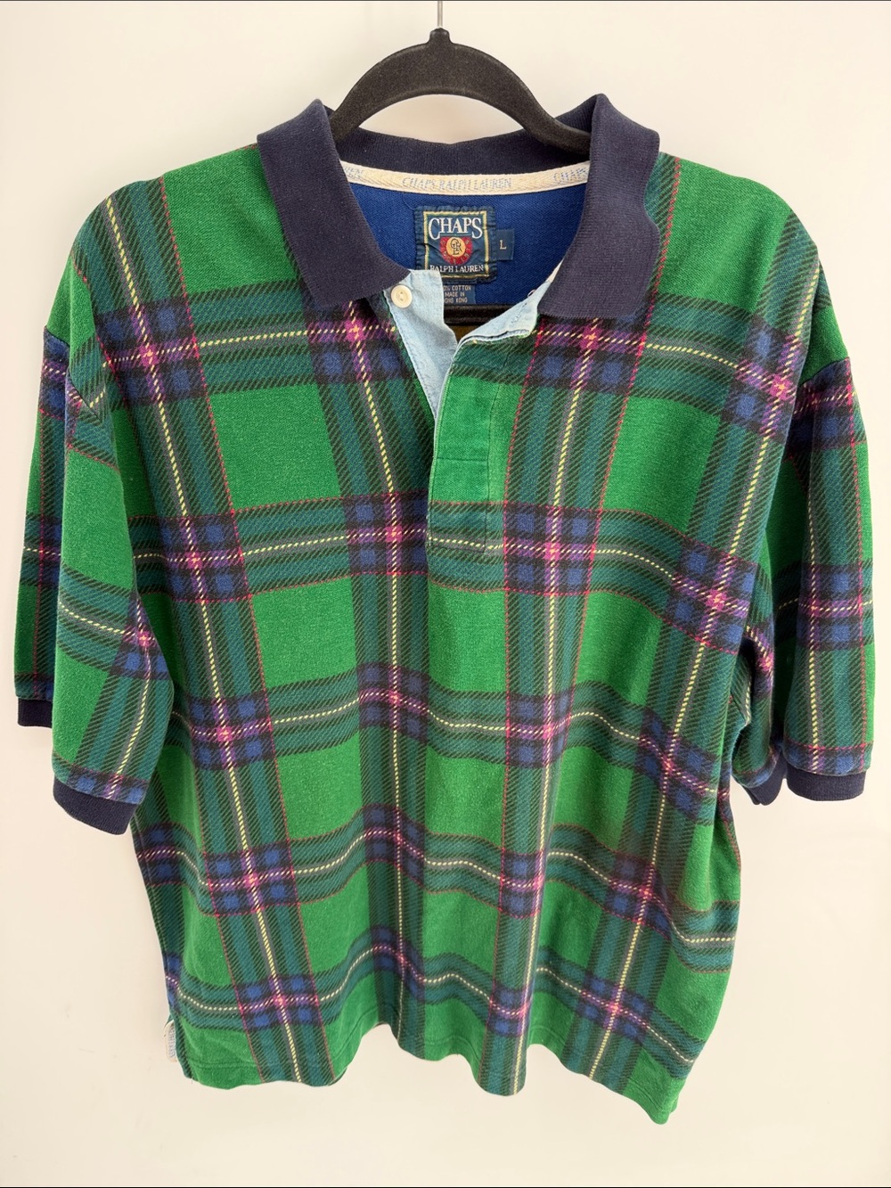 Vintage 90's Chaps Ralph Lauren 100% cotton plaid short sleeve polo shirt sz L